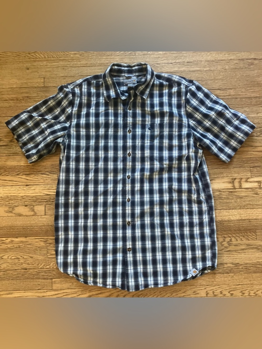 Carhartt Short Sleeve Button Shirt Blue Plaid Cotton L Tall